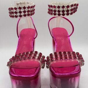 Hot Pink Platform Stiletto Heels Rhinestone Ankle Strap Women's Shoes Size 7